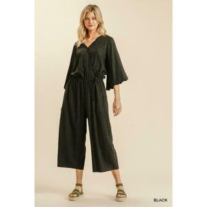 Umgee Black Scalloped Hem Crossbody Waist Tie Jumpsuit